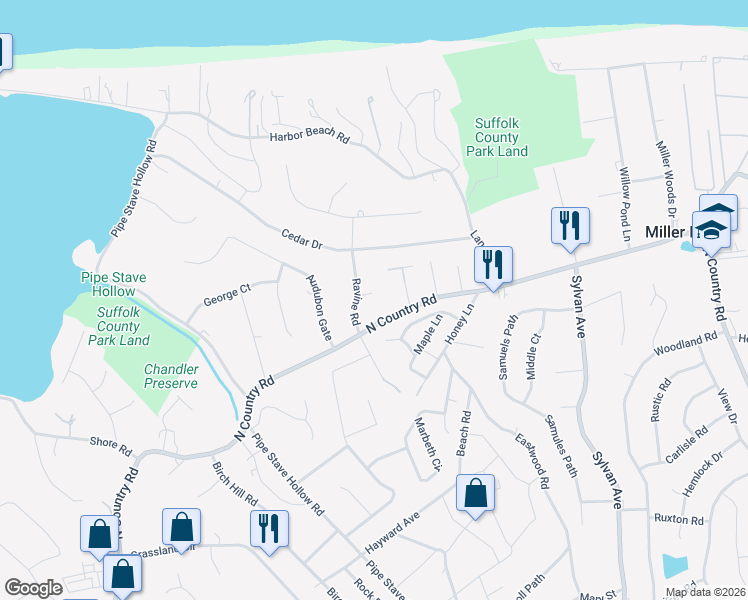 map of restaurants, bars, coffee shops, grocery stores, and more near 27 Ravine Road in Miller Place