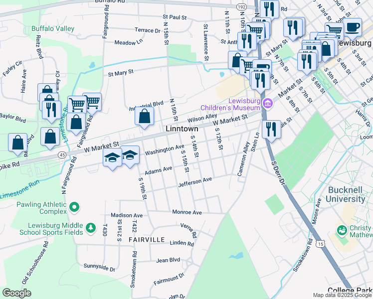 map of restaurants, bars, coffee shops, grocery stores, and more near 108 South 15th Street in Lewisburg