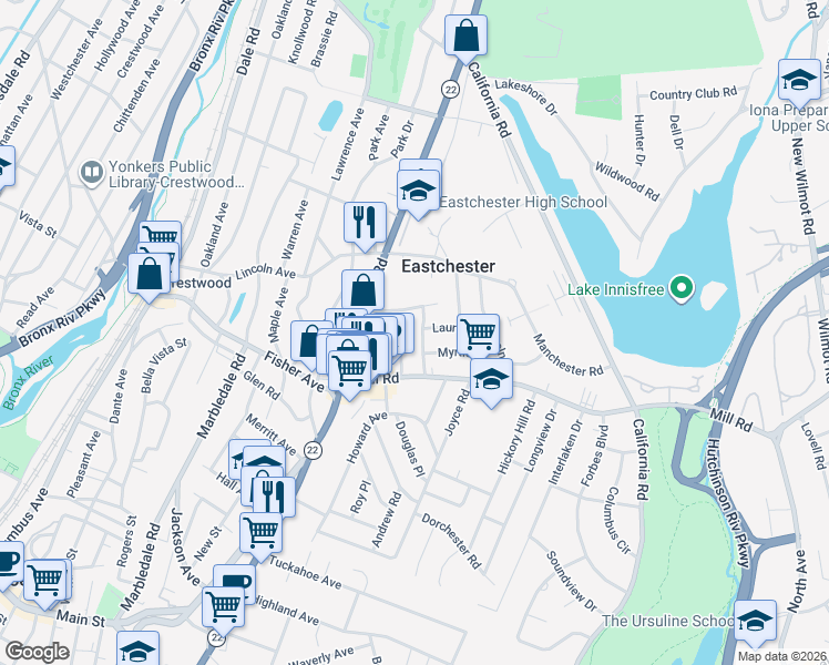 map of restaurants, bars, coffee shops, grocery stores, and more near 14 Lorraine Drive in Eastchester