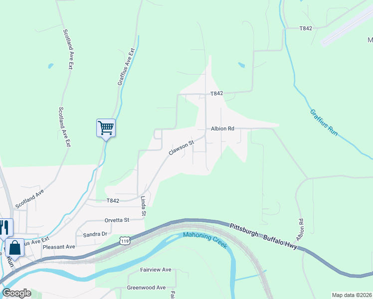 map of restaurants, bars, coffee shops, grocery stores, and more near 658 Clawson Street in Punxsutawney