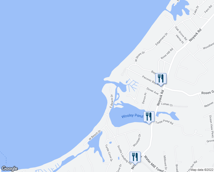 map of restaurants, bars, coffee shops, grocery stores, and more near 49 East Beach Drive in Southampton