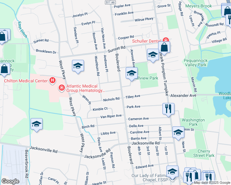 map of restaurants, bars, coffee shops, grocery stores, and more near 5 Harmon Place in Pequannock Township