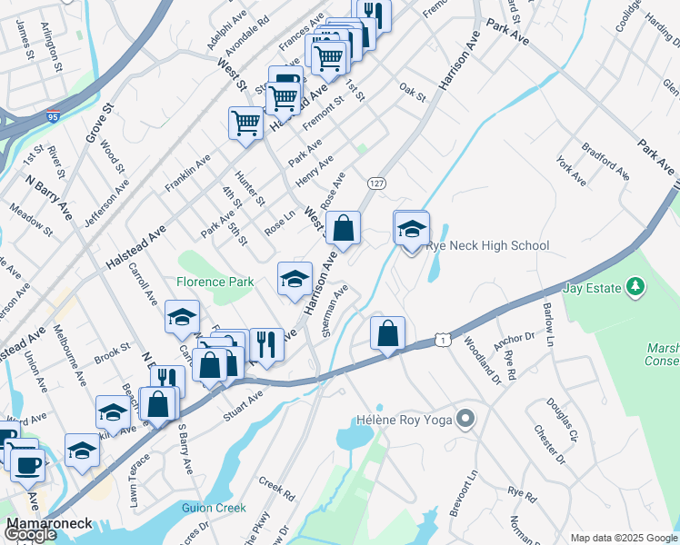 map of restaurants, bars, coffee shops, grocery stores, and more near 122 Osborn Avenue in Mamaroneck