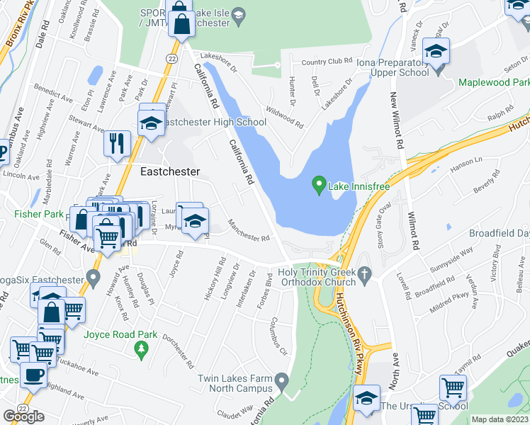 map of restaurants, bars, coffee shops, grocery stores, and more near 1213 California Road in Eastchester