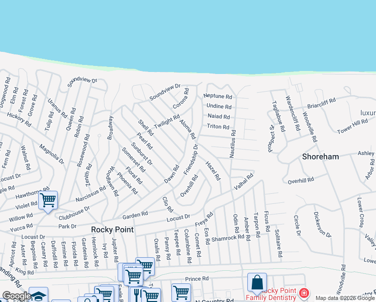 map of restaurants, bars, coffee shops, grocery stores, and more near 95 Dawn Road in Rocky Point