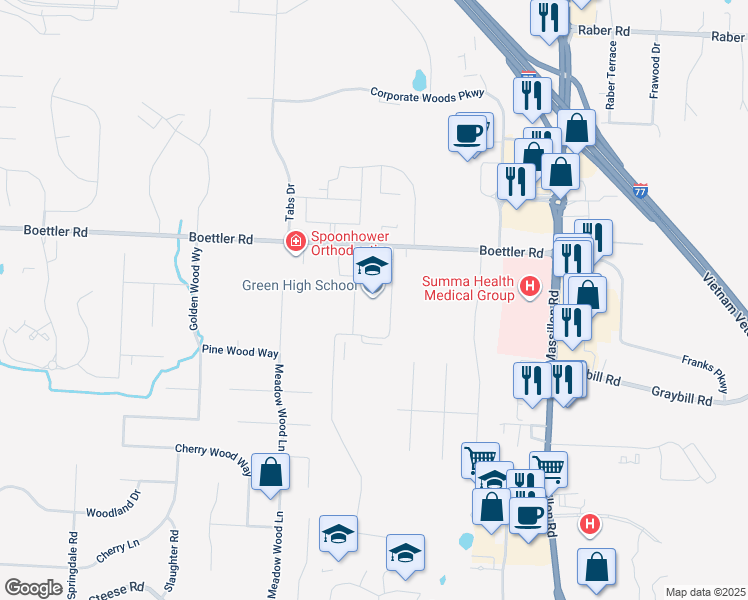 map of restaurants, bars, coffee shops, grocery stores, and more near 1474 Boettler Road in Uniontown