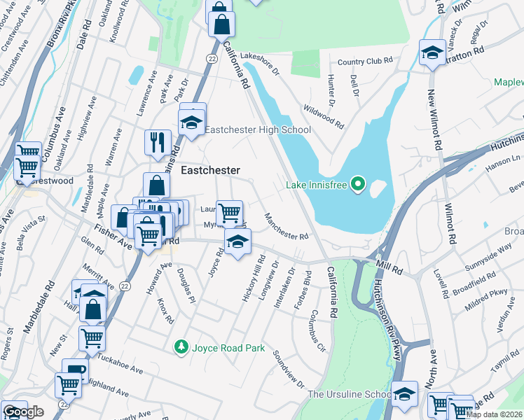 map of restaurants, bars, coffee shops, grocery stores, and more near 31 Manchester Road in Eastchester