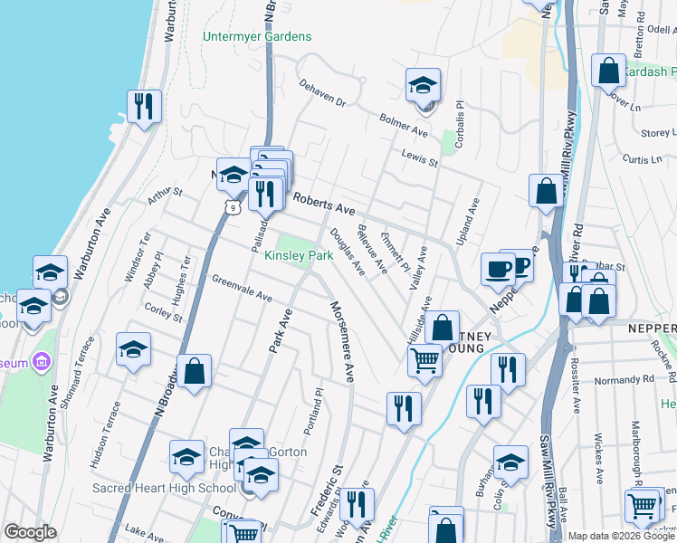 map of restaurants, bars, coffee shops, grocery stores, and more near 163 Morsemere Avenue in Yonkers