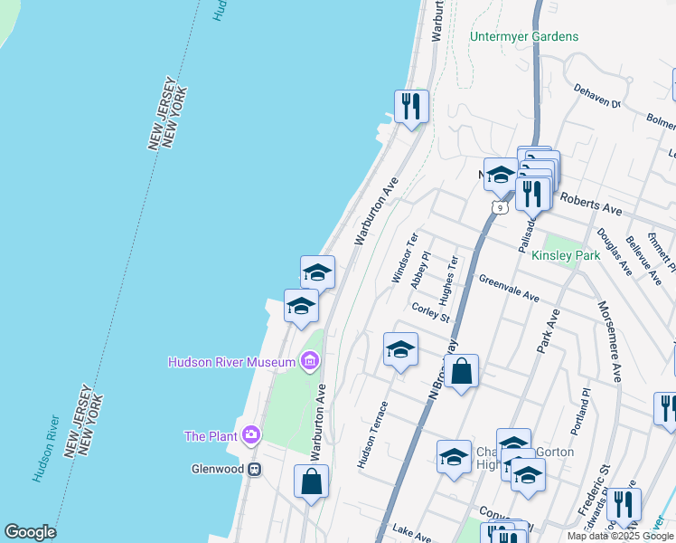 map of restaurants, bars, coffee shops, grocery stores, and more near 633 Warburton Avenue in Yonkers