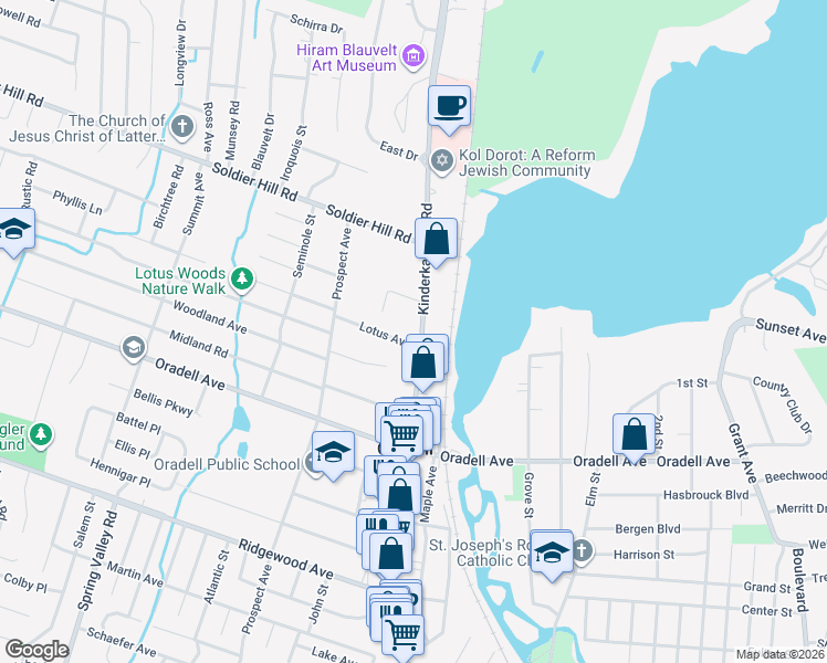 map of restaurants, bars, coffee shops, grocery stores, and more near in Oradell