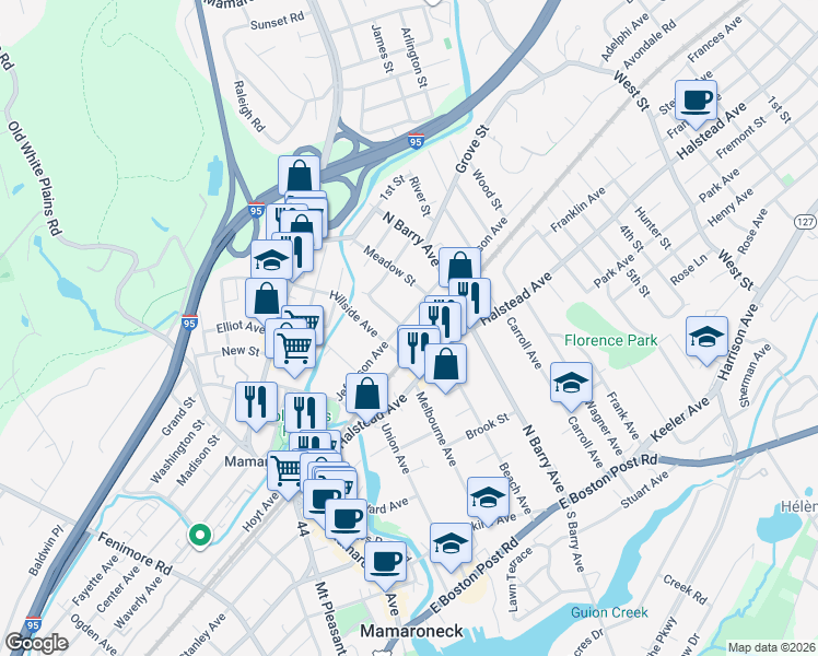 map of restaurants, bars, coffee shops, grocery stores, and more near 521 Jefferson Avenue in Mamaroneck