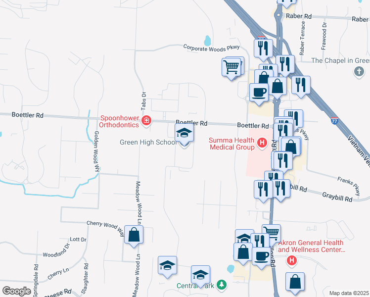 map of restaurants, bars, coffee shops, grocery stores, and more near 1474 Boettler Road in Uniontown