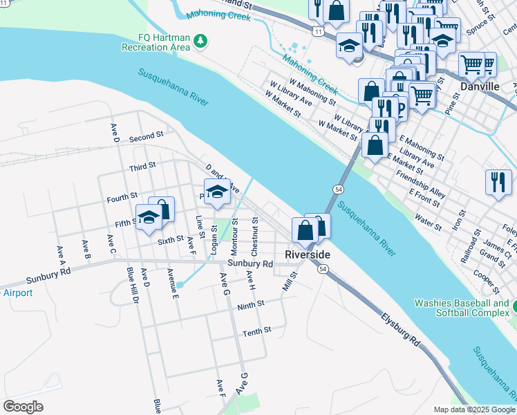 map of restaurants, bars, coffee shops, grocery stores, and more near Chestnut Street in Danville