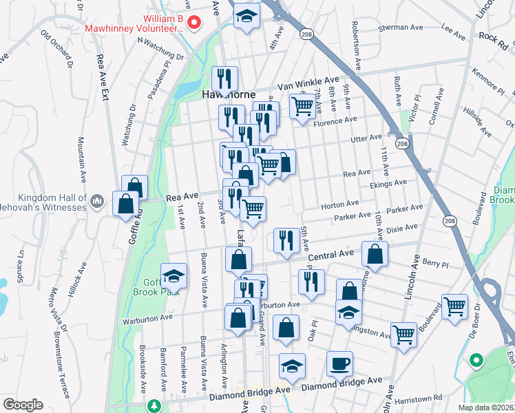 map of restaurants, bars, coffee shops, grocery stores, and more near 41 4th Avenue in Hawthorne