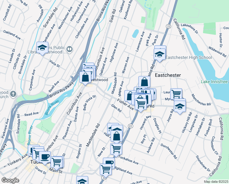 map of restaurants, bars, coffee shops, grocery stores, and more near 268 Marbledale Road in Tuckahoe