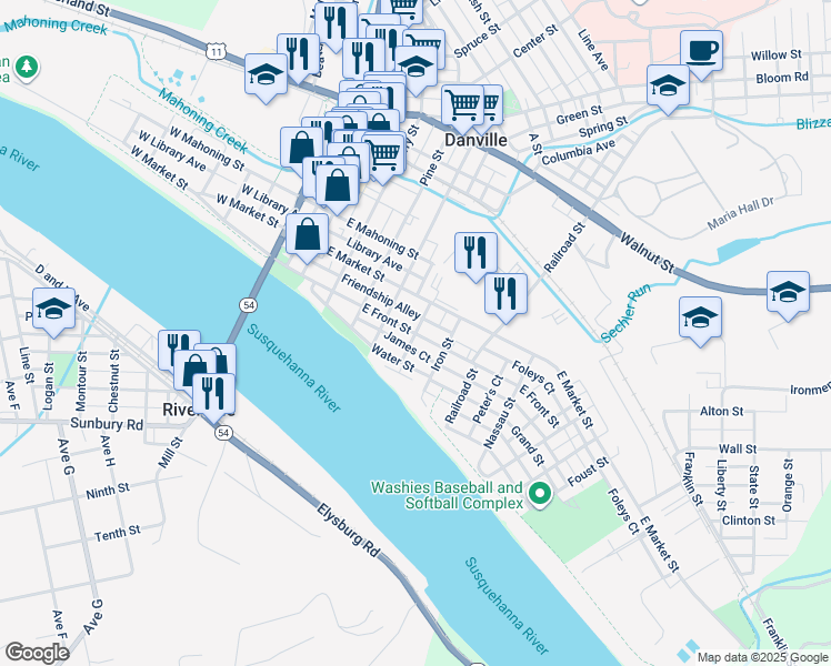 map of restaurants, bars, coffee shops, grocery stores, and more near 401 East Front Street in Danville