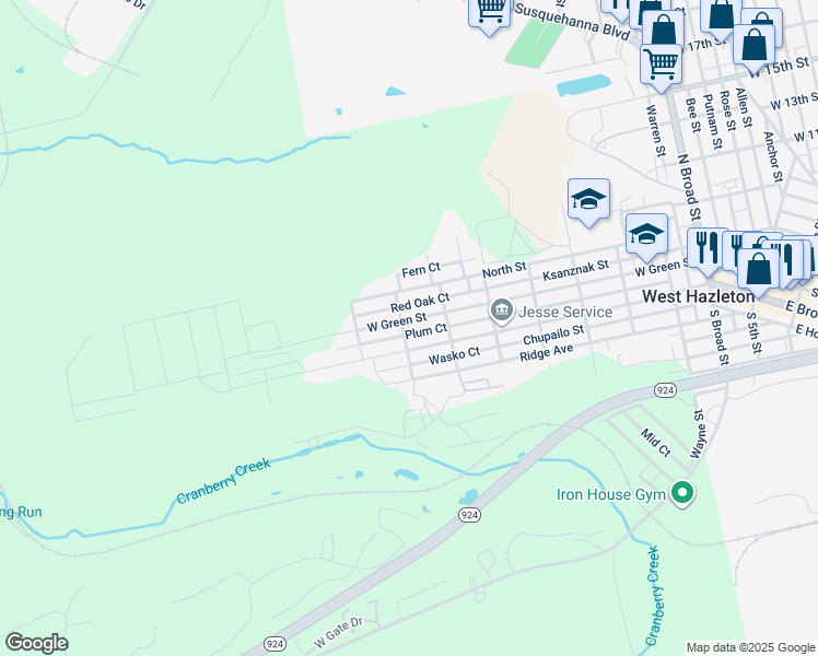 map of restaurants, bars, coffee shops, grocery stores, and more near 740 West Green Street in Luzerne County