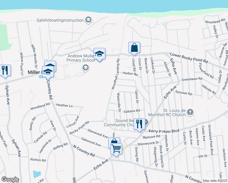 map of restaurants, bars, coffee shops, grocery stores, and more near 64 Waterville Drive in Sound Beach