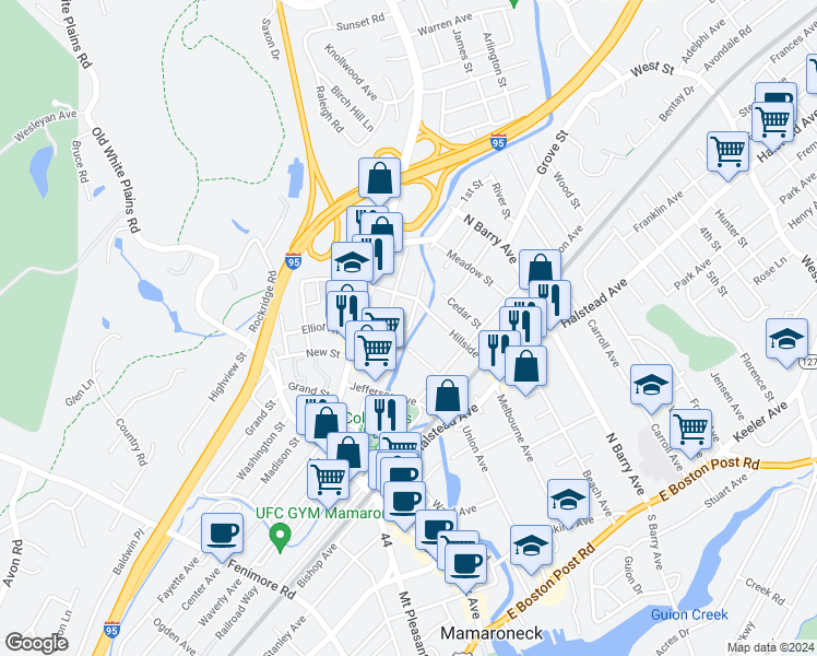 map of restaurants, bars, coffee shops, grocery stores, and more near 801 Howard Avenue in Mamaroneck