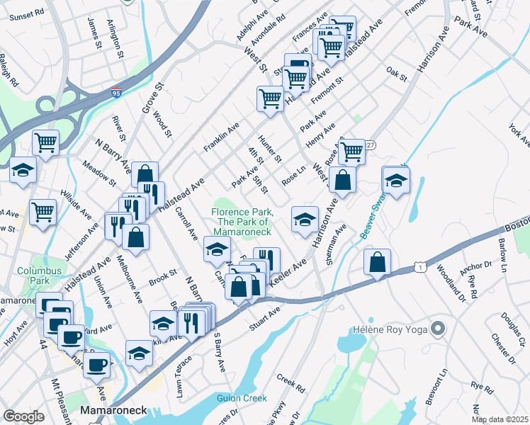 map of restaurants, bars, coffee shops, grocery stores, and more near 307 Florence Street in Mamaroneck
