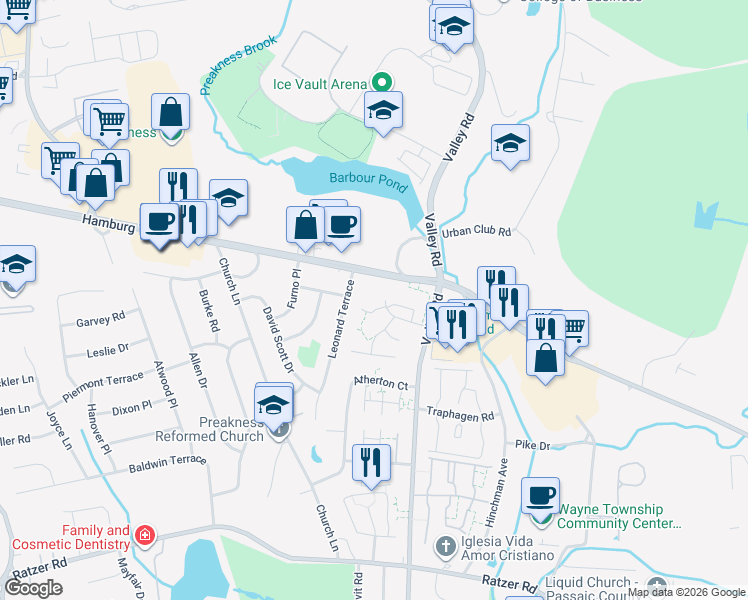 map of restaurants, bars, coffee shops, grocery stores, and more near 27 Lancaster Court in Wayne