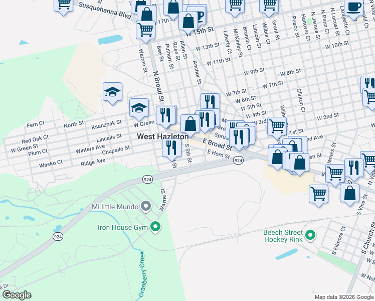map of restaurants, bars, coffee shops, grocery stores, and more near 101-103 South Broad Street in West Hazleton