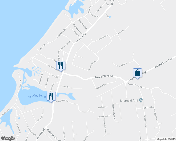 map of restaurants, bars, coffee shops, grocery stores, and more near 68 Peconic Hill Drive in Southampton