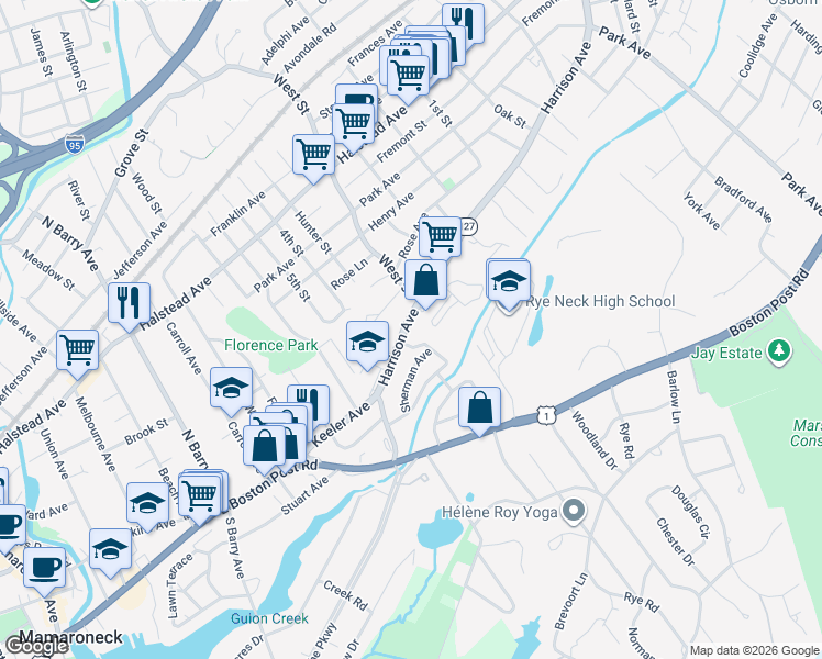 map of restaurants, bars, coffee shops, grocery stores, and more near 1505 Harrison Avenue in Mamaroneck