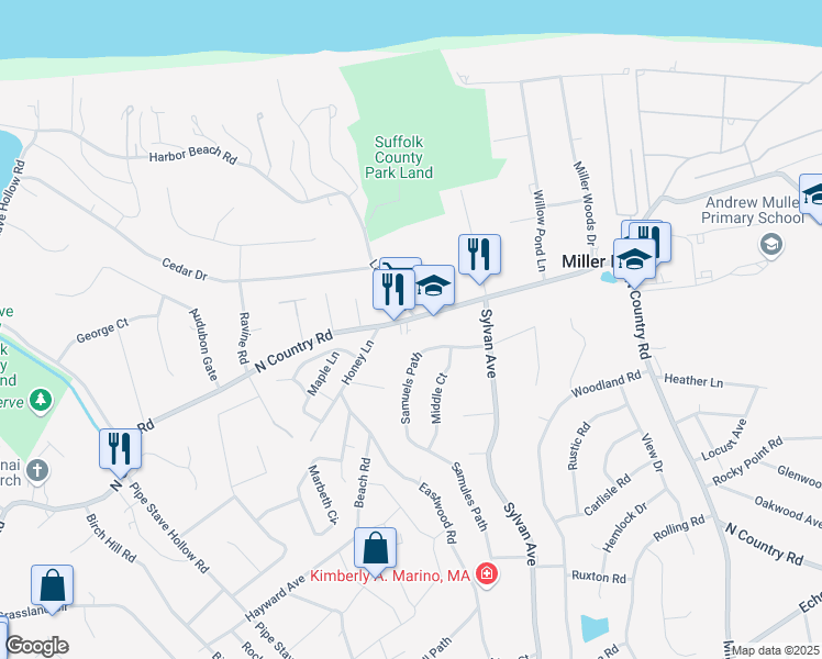 map of restaurants, bars, coffee shops, grocery stores, and more near 2C Samuels Path in Miller Place