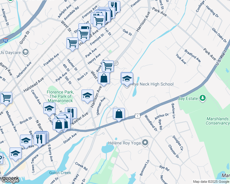 map of restaurants, bars, coffee shops, grocery stores, and more near 1621 Harrison Avenue in Mamaroneck