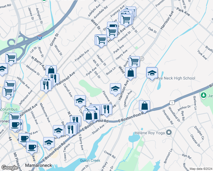 map of restaurants, bars, coffee shops, grocery stores, and more near 230 5th Street in Mamaroneck