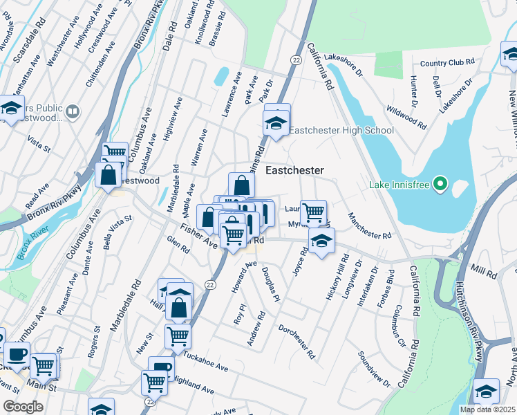 map of restaurants, bars, coffee shops, grocery stores, and more near 11 Oakridge Place in Eastchester