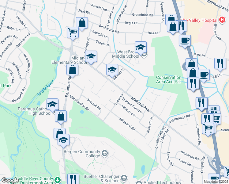 map of restaurants, bars, coffee shops, grocery stores, and more near 515 Cedar Lane in Paramus