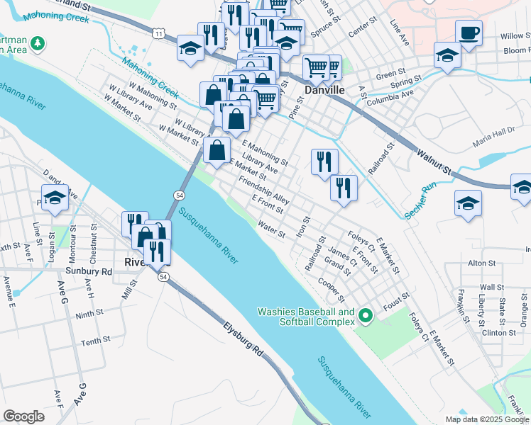 map of restaurants, bars, coffee shops, grocery stores, and more near 11-298 Water Street in Danville