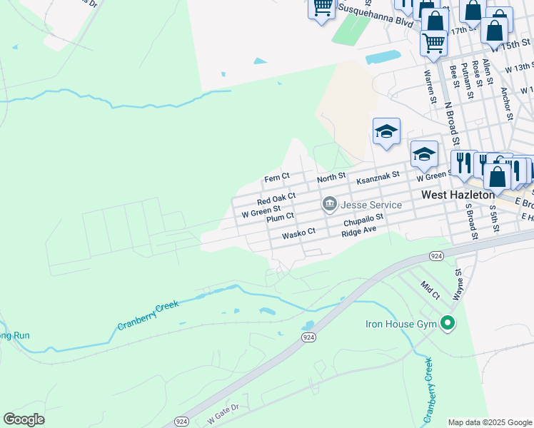 map of restaurants, bars, coffee shops, grocery stores, and more near 740 West Green Street in Luzerne County