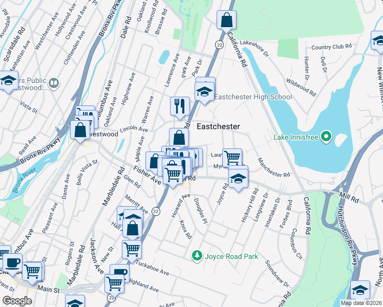map of restaurants, bars, coffee shops, grocery stores, and more near 11 Oakridge Place in Eastchester
