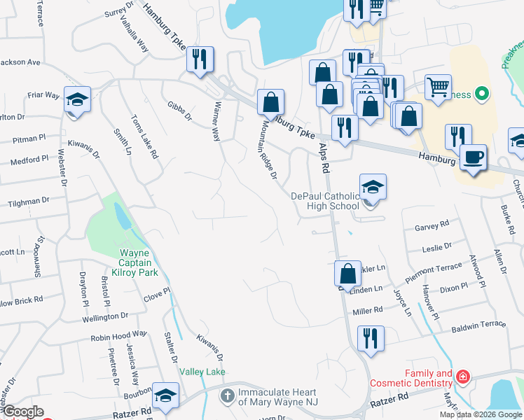 map of restaurants, bars, coffee shops, grocery stores, and more near 100 Homestead Road in Wayne