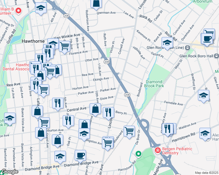 map of restaurants, bars, coffee shops, grocery stores, and more near 154 Parker Avenue in Hawthorne