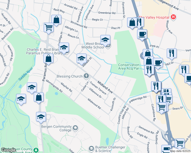 map of restaurants, bars, coffee shops, grocery stores, and more near 171 West Midland Avenue in Paramus