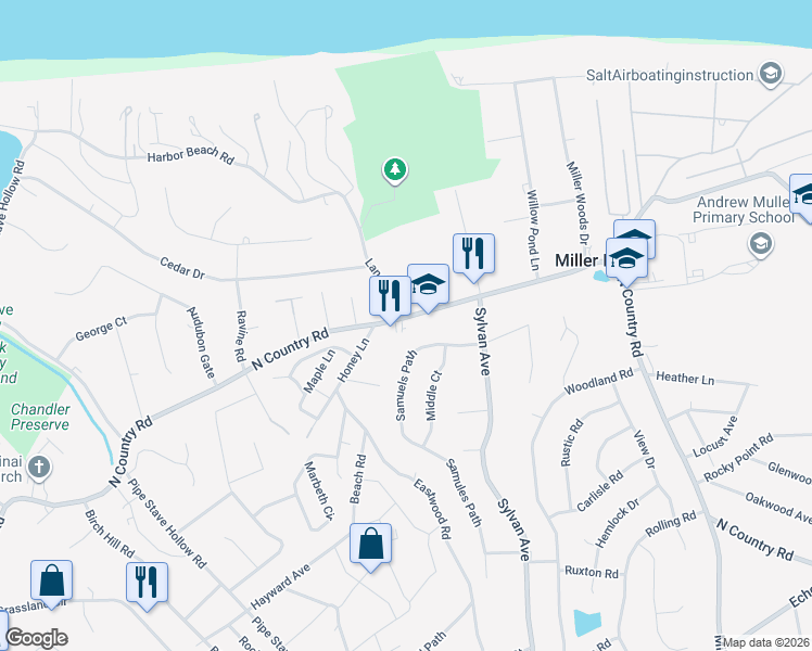 map of restaurants, bars, coffee shops, grocery stores, and more near 100 North Country Road in Miller Place