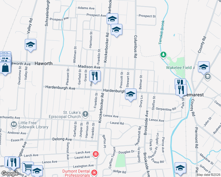 map of restaurants, bars, coffee shops, grocery stores, and more near 38 Van Horn Street in Demarest