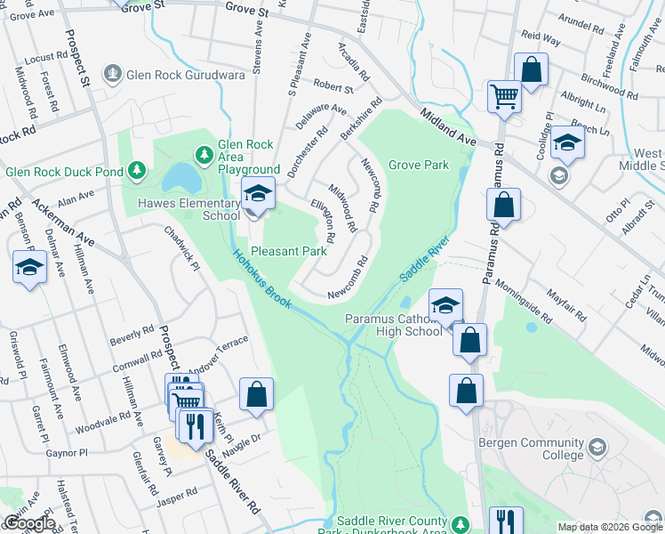map of restaurants, bars, coffee shops, grocery stores, and more near 733 Midwood Road in Ridgewood