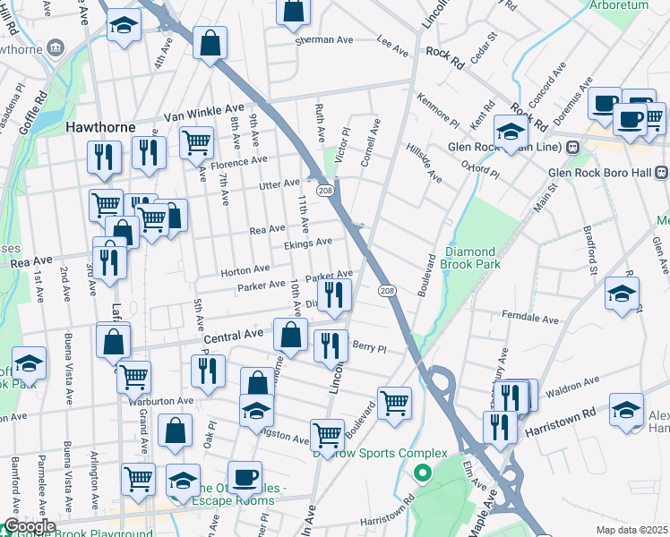 map of restaurants, bars, coffee shops, grocery stores, and more near 154 Parker Avenue in Hawthorne