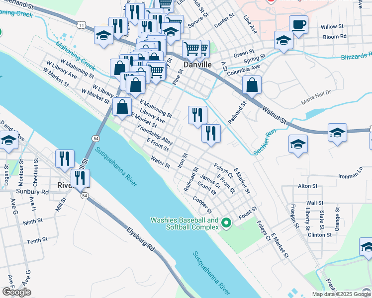 map of restaurants, bars, coffee shops, grocery stores, and more near 401-499 East Front Street in Danville