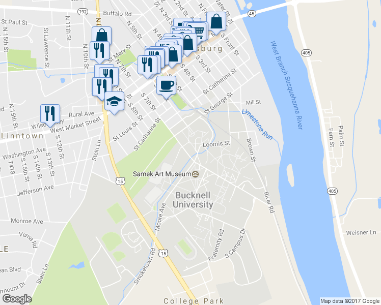 map of restaurants, bars, coffee shops, grocery stores, and more near 414 South 7th Street in Lewisburg