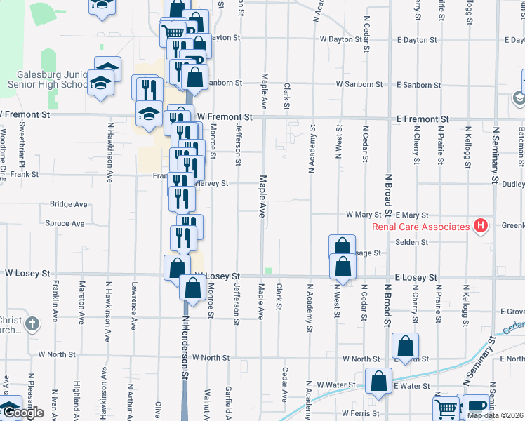 map of restaurants, bars, coffee shops, grocery stores, and more near 553 Union Street in Galesburg