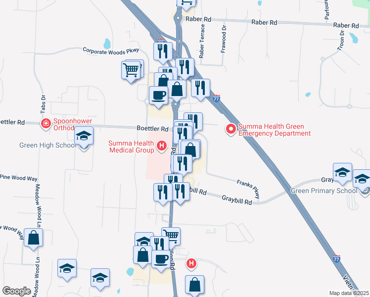map of restaurants, bars, coffee shops, grocery stores, and more near 3875 Massillon Road in Uniontown
