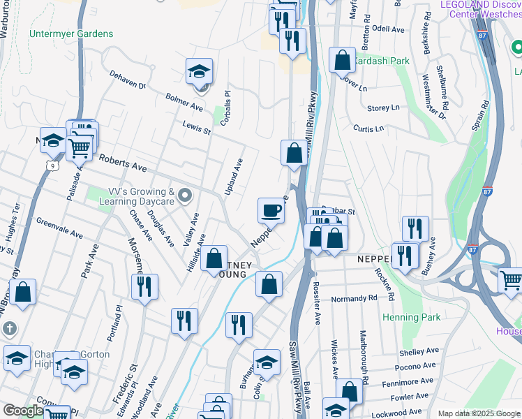map of restaurants, bars, coffee shops, grocery stores, and more near 9 Dickinson Avenue in Yonkers