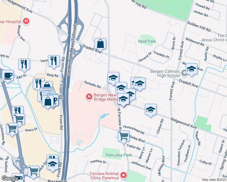 map of restaurants, bars, coffee shops, grocery stores, and more near 275 Pascack Road in Paramus