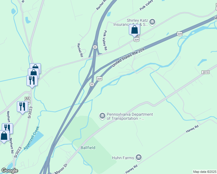 map of restaurants, bars, coffee shops, grocery stores, and more near 505 Beaver Valley Road in Stroudsburg